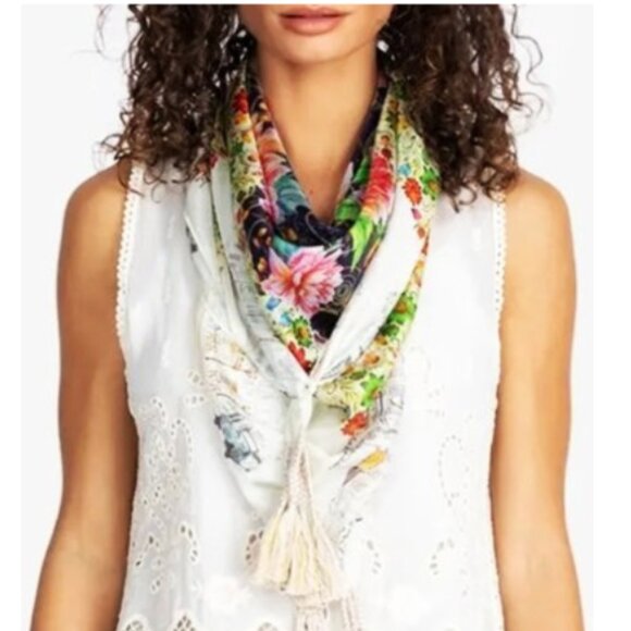 Johnny Was 100% Silk Tasseled Scarf/Shawl Uptown Multicolor Floral Print - Picture 1 of 9